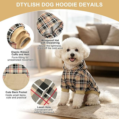 EXPAWLORER Plaid Dog Hoodie - British Style Warm Dog Sweater Shirt with Leash Hole,Pitbull Clothes Outfits,Winter Coat Apparel for All Breeds Puppy Girl Boy-Cat Apparel,Beige X-Small