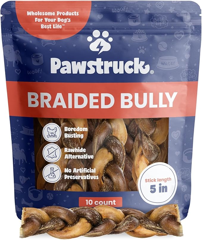 Natural 5” Braided Bully Sticks for Dogs, Tough Long-Lasting, Rawhide-Free, Low Odor, Healthy Single Ingredient Chew Treat for Aggressive Chewers, 10 Count, Packaging May Vary
