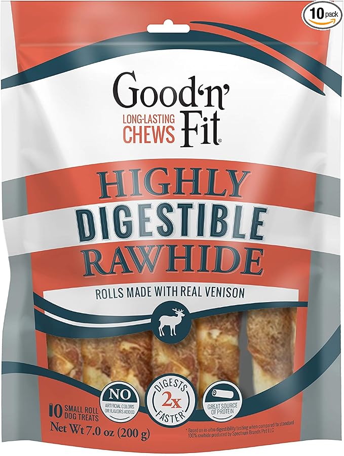 Good n’ Fit Small Rolls Made With Real Venison, 10 Count, Highly Digestible Rawhide For Dogs
