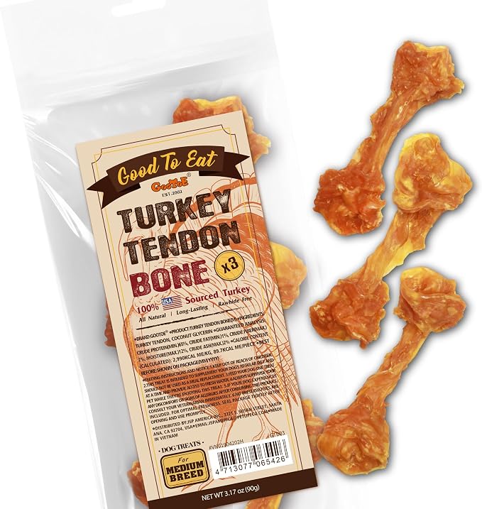 Turkey Tendons for Dogs –All-Natural, Hypoallergenic Dog Treats, Rawhide Alternative, Long Lasting Puppy Chews, Healthy Dog Treats for Medium Breeds, Bone (M), 3 Count Pack