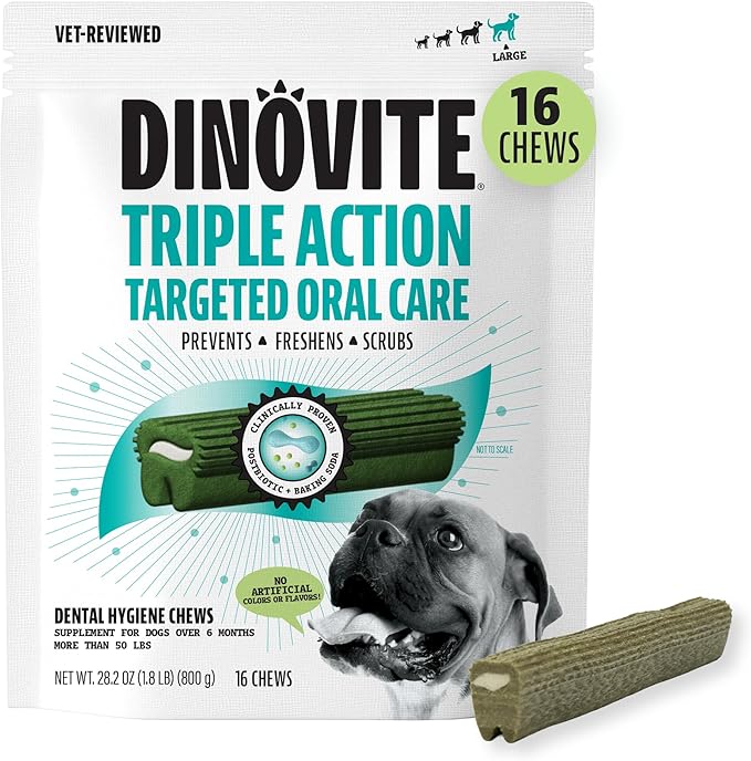 Dental Chews for Dogs, Triple Action Dental Dog Treats for Large Breeds, Clinically Proven to Prevent Plaque & Tartar While Freshening Breath, Fresh Mint Flavor, Made in USA, 16 Count