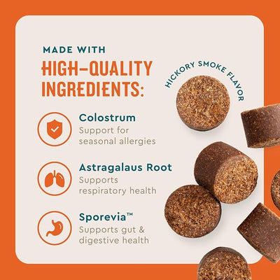 VetIQ Allergy Pro+ Soft Chews for Dogs, Dog Allergy Chews, Seasonal Support, Colostrum, Astragalus Root, Sporevia, Hickory Smoke Flavor, 90 Count