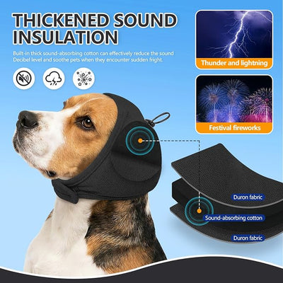 Meifsou Quiet Ears for Dogs - Adjustable Ear Covers for Noise, No Shake Dog Head Wrap, Calming Hood for Thunder, Lightning, Fireworks, Dralon Fabric and Thickened Soundproof Cotton, Heather Black, S