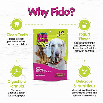 Fido Belly Bones for Dogs, Medium - 8 Count, Pack of 3 - Yogurt-Flavor Dental Treats for Medium Dogs - Plaque & Tartar Control for Fresh Breath - Digestive Support - Made in USA (24 Total)