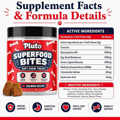 Pluto Superfood Softchew for Dogs, Immune Support Digestive Health Skin & COATSUPPORT Hip and Joint Supplement for Dogs Salmon Flavor 90 Chews (2 PCS)