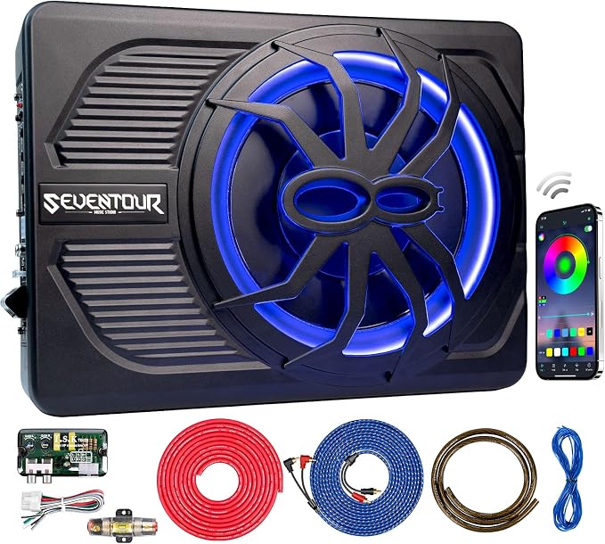 10" Upgrade 800W Slim Under Seat Powered Car Subwoofer, Car/Truck Audio Sub Built in Amplifier amp Combo, with Blue LED Light (RGB LED Subwoofer+Installation Wire Kit)