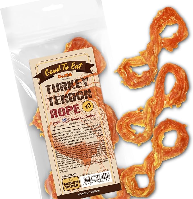 Turkey Tendons for Dogs –All-Natural, Hypoallergenic Dog Treats, Rawhide Alternative, Long Lasting Puppy Chews, Healthy Dog Treats for Medium Breeds, Rope (M), 3 Count Pack