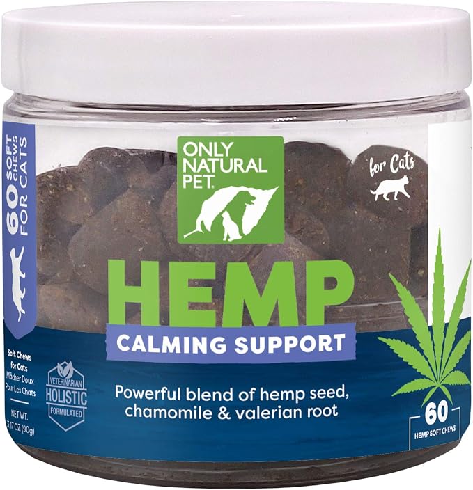 Calming Hemp Soft Chews - Relaxation Composure Sedative Tranquilizer Treats for Cat Stress Reduction w/Soothing Botanicals Supports Sleep Aid Quiet Travel Chill Vet Visit - 60 Count