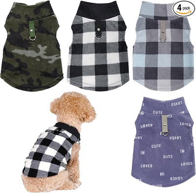 Rbenxia 4 Buffalo Plaid Dog Sweaters with Leash Ring Soft Fleece Vest Warm Puppy Pullover Jacket Cat Pets Winter Outfits (Blue-Gray, Black-White, Camouflage, Gray Letters, Small)