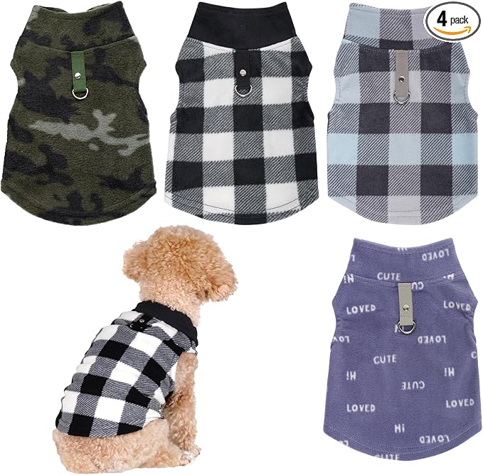 4 Buffalo Plaid Dog Sweaters with Leash Ring Soft Fleece Vest Warm Puppy Pullover Jacket Cat Pets Winter Outfits (Blue-Gray, Black-White, Camouflage, Gray Letters, Large)