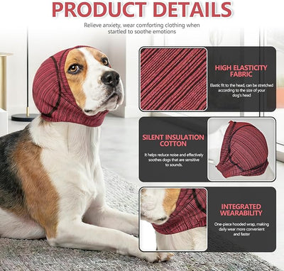 Meifsou Dog Head Wrap - Quiet Ears for Anxiety, Self-Adaptive Fit Dog Calming Hood, No Shake Ear Cover Snoods for Thunder, Fireworks, Grooming, Quick-Dry Fabric and Soundproof Cotton, Heather Red, L