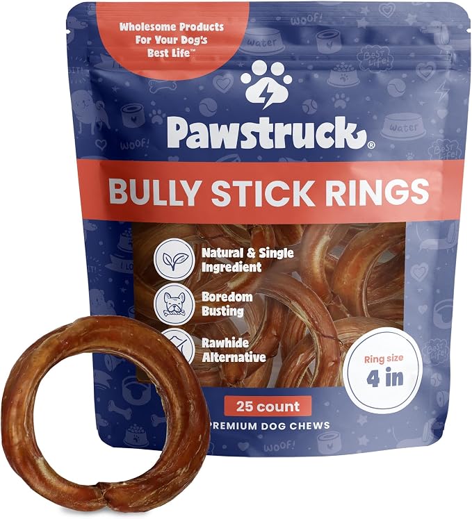 All-Natural 4" Bully Stick Rings for Dogs - Rawhide-Free, 100% Beef, Single Ingredient Dental Chew Bones - Fully Digestible, Low Odor - Bulk 25 Pack - Packaging May Vary