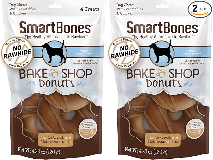 Bake Shop Donuts with Peanut Butter, Treat Your Dog to Rawhide-Free Chews, 4 Count (Pack of 2)