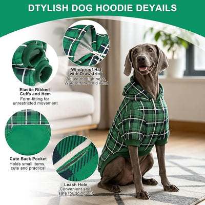 EXPAWLORER Plaid Dog Hoodie - British Style Warm Dog Sweater Shirt with Leash Hole,Pitbull Clothes Outfits,Winter Coat Apparel for All Breeds Puppy Girl Boy-Cat Apparel,Green X-Large