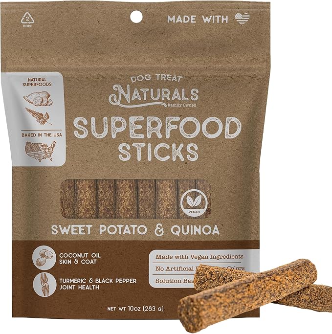 Superfood Sticks, Sweet Potato & Quinoa, 10oz Bag | Dog Chew Sticks | All-Natural, Pet Training Treats | Joint-Skin-Coat Health | USA Made