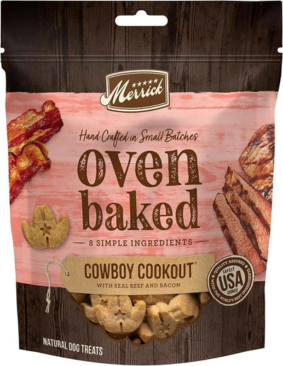 Merrick Oven Baked Natural and Crunchy Bag of Bacon Treats, Cowboy Cookout Recipe with Real Beef and Bacon - 11 oz. Bag
