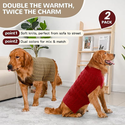 Dog Sweater 2 Pack for Large Dogs, Size XL, Red & Brown | Stretchy cable knit turtleneck, machine washable, high belly cut, comfy winter fit for English Bulldog, Boxer