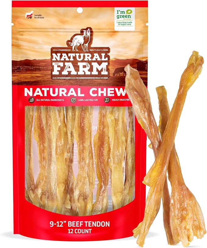 Beef Tendons (9-12 Inch, 12 Pack), Natural Chondroitin and Collagen: Supports Healthy Joints, Great for Dental Health – Made & Packaged, All Dog Sizes