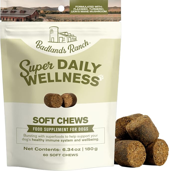Badlands Ranch Super Daily Wellness Soft Chews for Dogs – Superfood Blend with Flaxseed, Turmeric & Lion’s Mane Mushroom – 60 Soft Chews