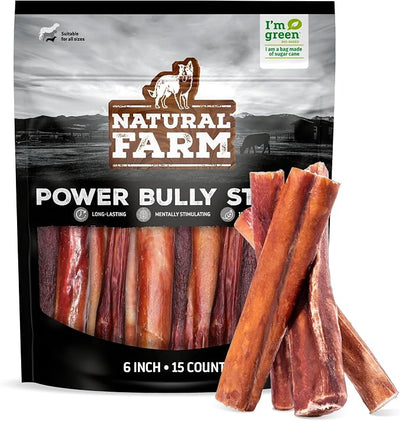 Natural Farm Power Bully Sticks Dog Chews (6”,15-Pack), 2-in-1 Power Chews: Premium Beef Cheek Wrapped in Beef Pizzle, Long-Lasting, Great Dog Dental Treats for Small, Medium & Large Dogs