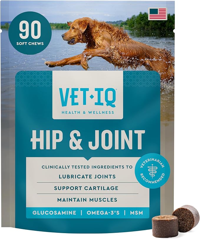 VetIQ Maximum Strength Hip & Joint Supplement for Dogs 90 Soft Chews with Glucosamine MSM and Krill Oil Chicken Flavored Joint Support for Large and Small Breed Senior Dogs