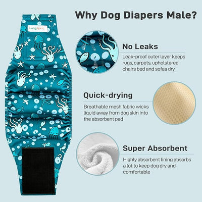 Langsprit Small Male Dog Diapers for Doggie Puppy,Reusable Belly Bands for Male Dogs Wraps,Washable Doggy Dog Diapers Medium Large in Incontinence 5 Pack (Brown, Green, Grey, Large)