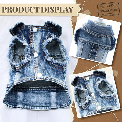 Cool Dog Jean Jacket Vest with D-Ring Blue Denim Dogs Outfits for Small Medium Dogs Cats Boy Male Dog Clothes Costume Dogggie Puppy Harness Coat for Frenchie Walking(Blue with D-Ring,XS)