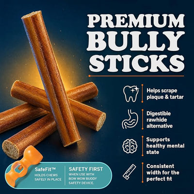 Bow Wow Labs SafeFit™ Bully Sticks for Dogs - 100% All Natural Beef Sticks, Grass-Fed, Low Odor, Long Lasting Dog Chew, Dog Chew Treats, Bully Stick for Small, Medium, Large Dogs - 12" Midsize 10 Pack
