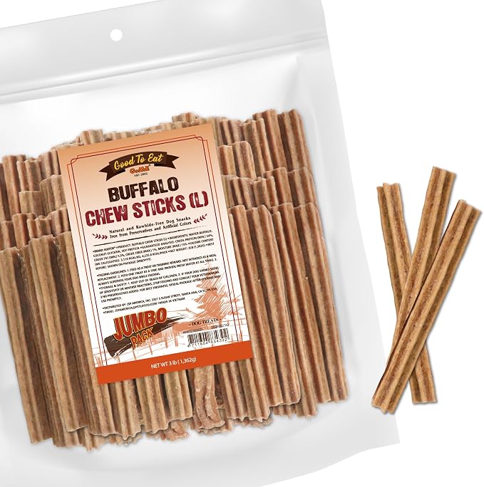 Natural Buffalo Dog Treats, Stick (Large), 3 lb | Low-fat chews for training rewards, limited ingredient, for medium dogs