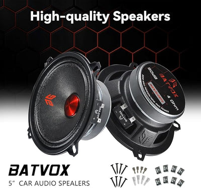MX52P1 Loudspeaker 5 Inch Midrange 160 Watts 4 Ohms Red Dust Cap, Premium Quality Audio Door Speakers for Car or Truck Stereo Sound System, Black (2 Speakers)