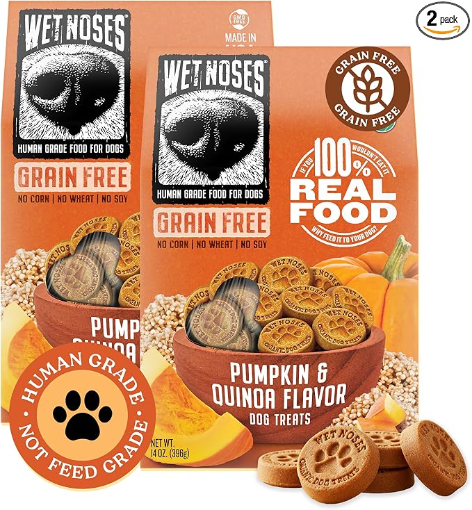 Wet Noses Organic Crunchy Dog Treats Grain Free – All-Natural, Human-Grade, Non-GMO, Healthy Training & Delicious Snacks for Dogs, for All Dog Sizes & Breeds – Pumpkin & Quinoa, 14oz (2 Pack)