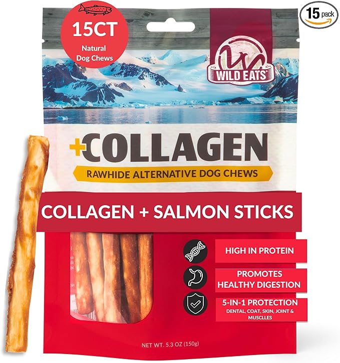 Real Salmon Collagen Bully Sticks for Dogs, (15ct, 1cm Thick) Healthy Bully Stick - Long Lasting Dog Chew Treat