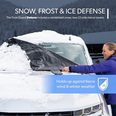 FrostGuard Deluxe | Full-Coverage Car Windshield Cover for Ice and Snow, XL Size - Wiper Blade + Side Mirror Coverage - Fit-Fast Straps + Security Panels - Black, 41 x 68 Inches