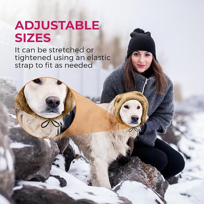 Dog Ear Muffs Noise Protection - Soft Calming Hood for Anxiety Relief, Fireworks, Thunder, Grooming & Vet Visits - Elastic Band & Comfortable Neck Warmer for Travel (Ears, Brown, Large)