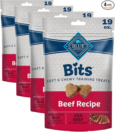 Blue Buffalo Bits Soft Dog Treats for Training, Made with Natural Ingredients & Enhanced with DHA, Beef Recipe, 19-oz Bag (Pack of 4)