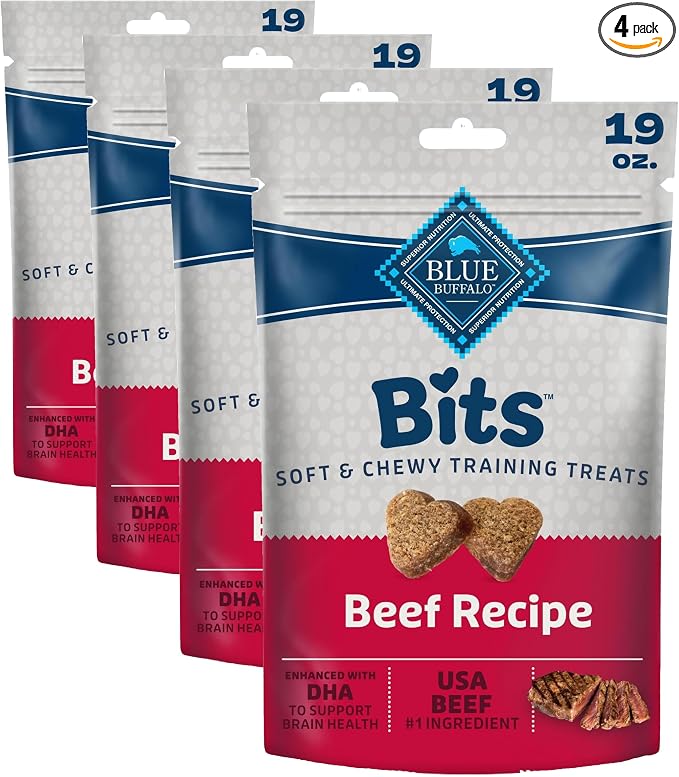 Blue Buffalo Bits Soft Dog Treats for Training, Made with Natural Ingredients & Enhanced with DHA, Beef Recipe, 19-oz Bag (Pack of 4)