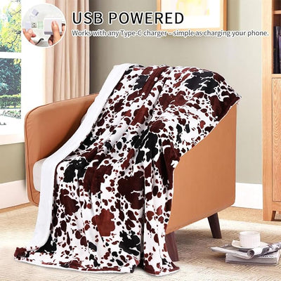 USB Powered Heated Throw Blanket for Women, 50" X 60" 9V 18W Portable Cow Print Electric Heating Blanket with 3 Heat Settings, 8-Zone Graphene Heating Blankets for Couch Car Office Outdoor