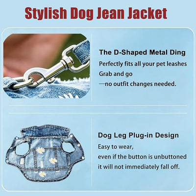Denim Vest Jacket for Small Medium Dog Clothes Jean Apparel Cute Outfit for Dog Cat Girls Boys Puppy Costume Dog Harness Dress Shirt Chihuahua Yorkie (Many Daisy with D Ring, XX-Large)