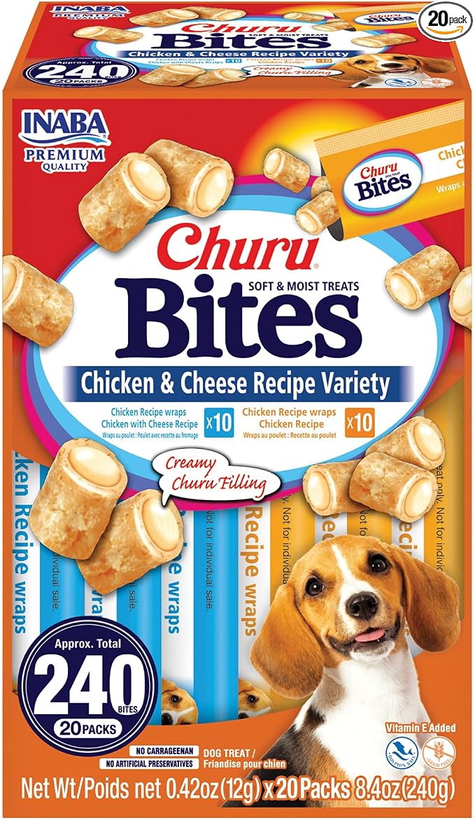 Churu Bites for Dogs, Soft & Chewy Dog Treats with Vitamin E, 0.42 Ounces Each Tube, 20 Tubes, Chicken & Cheese Variety Box