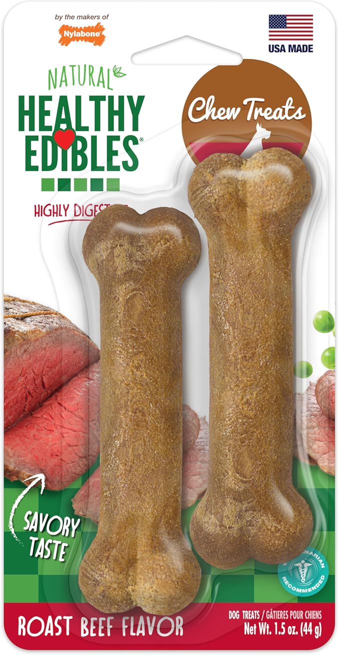 Nylabone Healthy Edibles Natural Chews, Long Lasting Dog Bones, Healthy Dog Treats, Roast Beef Flavor, X-Small (2 Count)