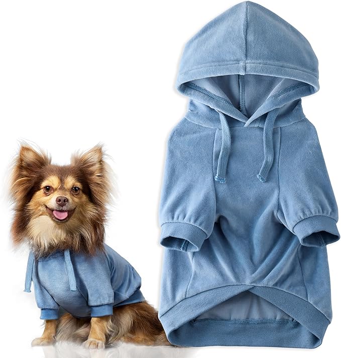 Cooper II Organic Cotton Velour Dog Hoodie Pet Coat for Small, Medium and Large Dogs, Faded Denim, Small (10-25 lbs)