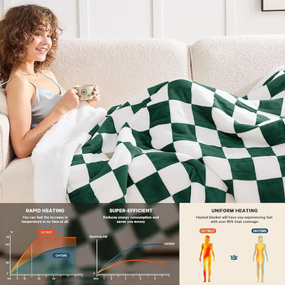 Heated Electric Blanket Throw, 50X60 Heating Blanket with 10 Heating Levels & 8 Hours Auto Off for Lap, Dark Green Checkered Plaid Soft Sherpa Blankets, Gifts for Mom, Grandma Women Couch