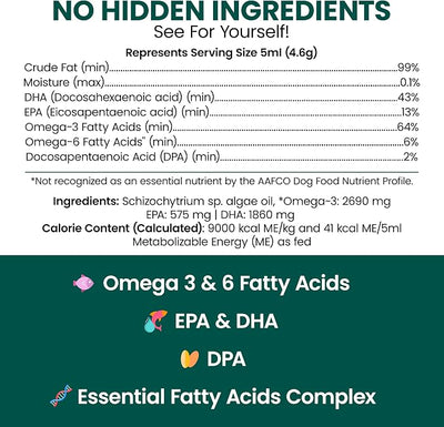 Vegan Omega 3 Oil for Dogs - 4 oz of Fish Free Algae Oil for Healthy Skin and Coat - Made with Omega 3 and 6 Fatty Acids, EPA, DHA, and DPA - Made in the USA