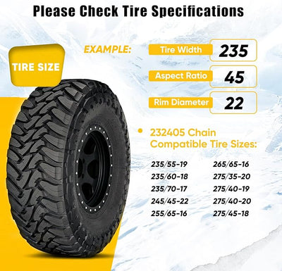 232405 Adjustable Snow Tire Chains for Light Truck, SUV, Cars, Pickups, 2 Pack Anti-slip Snow Chains for Pickup Trucks Winter Tire Chains 235 245 255 265 275 - Series 232405