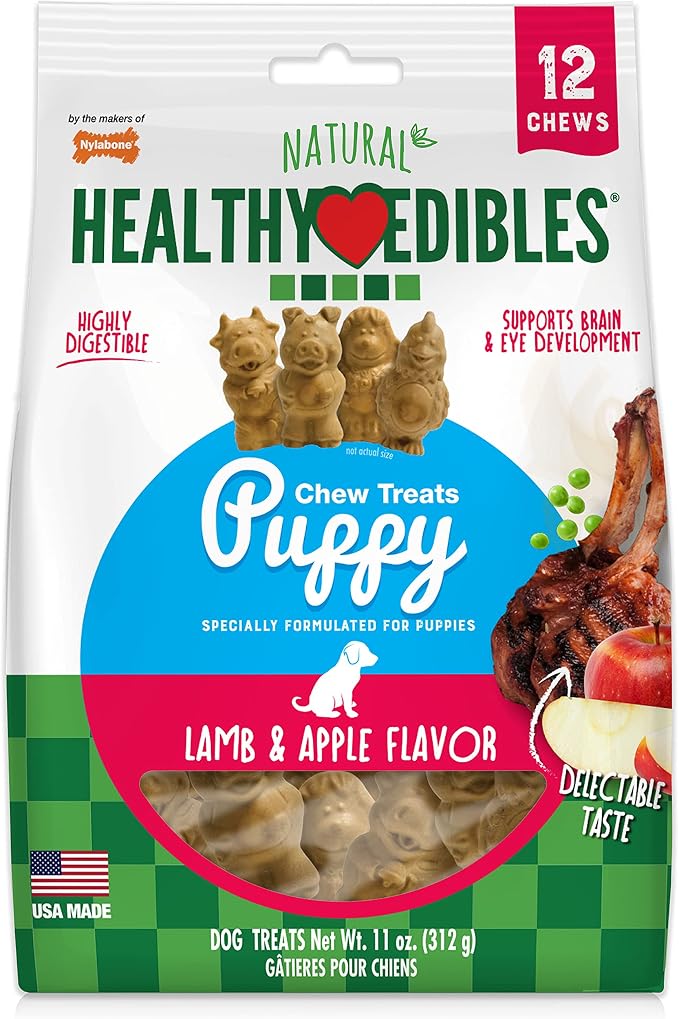 Healthy Edibles Natural Puppy Chews Long Lasting Treats for Puppies, Lamb & Apple Flavor, Small/Regular (12 Count)