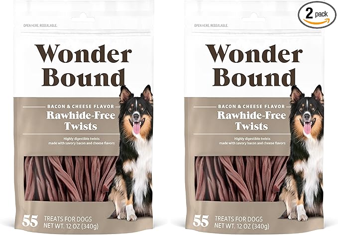 Amazon Brand - Bacon & Cheese Flavor Dog Twist Sticks - 55 Count - Rawhide-Free Dog Treats, Dental Health Chews for Plaque & Tartar Control, Easy to Digest, Long-Lasting (Pack of 2)