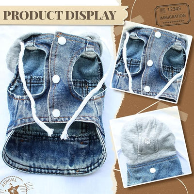Cool Dog Jean Jacket Vest with D-Ring Blue Denim Dogs Hoodies Outfits for Small Medium Dogs Cats Boy Male Dog Clothes Costume Dogggie Puppy Harness Coat for Frenchie Walking(Grey Hat,S)
