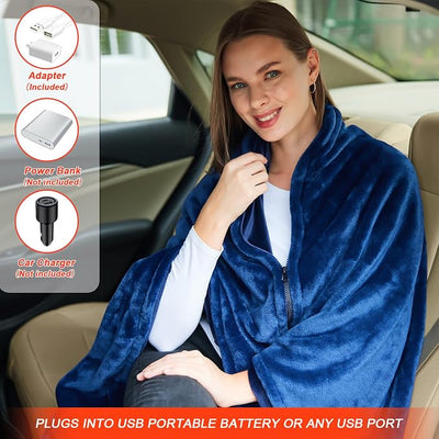 USB Heated Blanket, Cordless Electric Blanket Throw 3 Heating Levels, Portable Car Blanket with Pocket for Camping, Outdoor, Office, Travel, Home, 58"x 38" (Battery Not Included) Navy