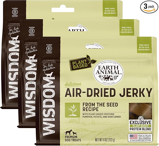 Earth Animal Wisdom Air Dried Jerky - from the Seed Recipe Premium Natural Plant Based Jerky Strips Dog Treats - 3 Pack 4 oz Bag