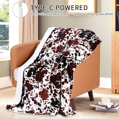USB Type-C Powered Heated Throw Blanket for Women, 50" X 60" 9V 18W Portable Cow Print Electric Heating Blanket with 3 Heat Settings, 8-Zone Graphene Heating Blankets for Couch Car Office Outdoor